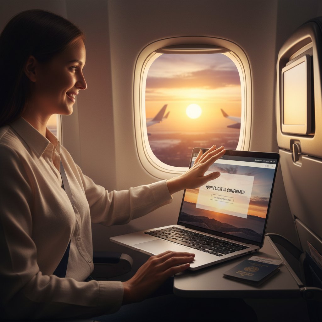 Traveler closing laptop, watching planes through a window, golden hour, mood of acceptance and curiosity