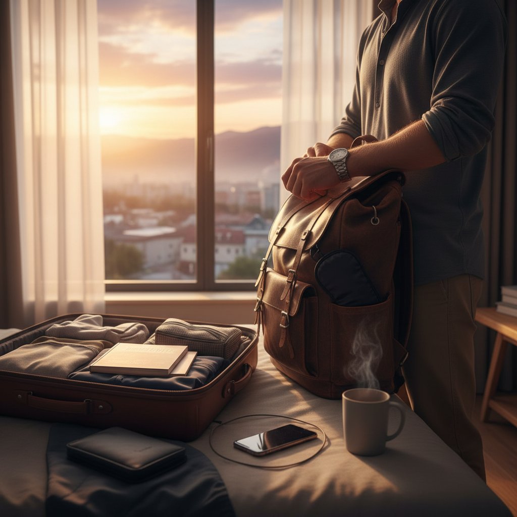 Osoba szykująca się do podróży z elementami przygotowań do walki z jet lagiem