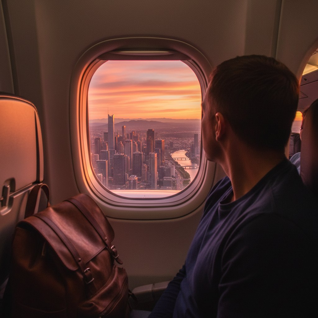Reflective traveler gazing out airplane window at city, symbolizing new travel mindset