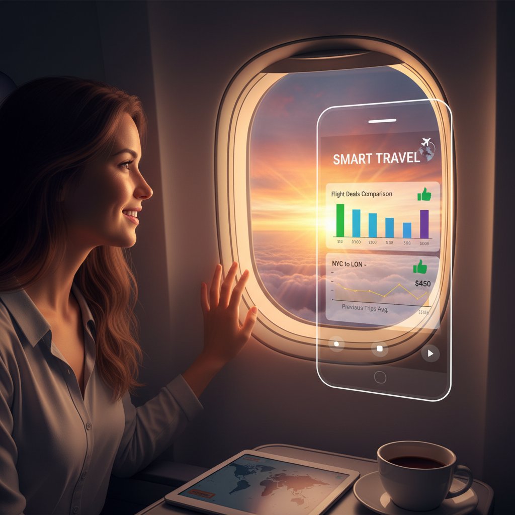 Traveler looking out airplane window at sunrise, sense of achievement, cinematic glow, victorious style, flight deals comparison