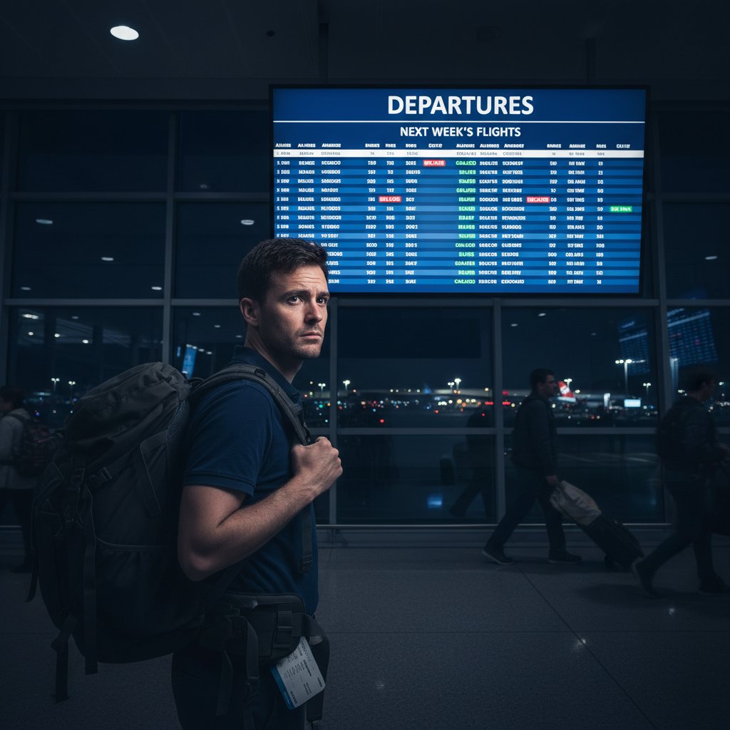Traveler with suitcase at urban night airport, looking at departures board with both anticipation and anxiety, next week flights
