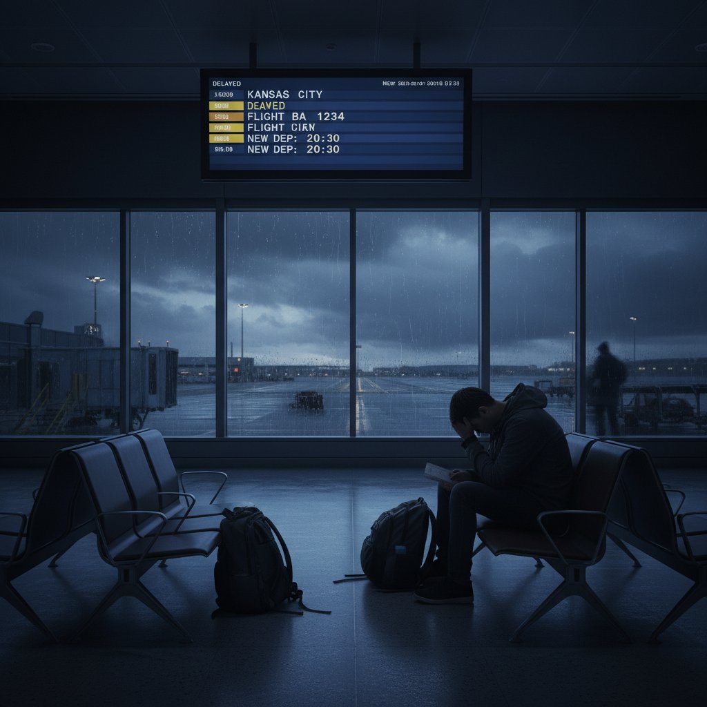 Traveler alone at gate during flight delay, moody lighting, flights to kansas city