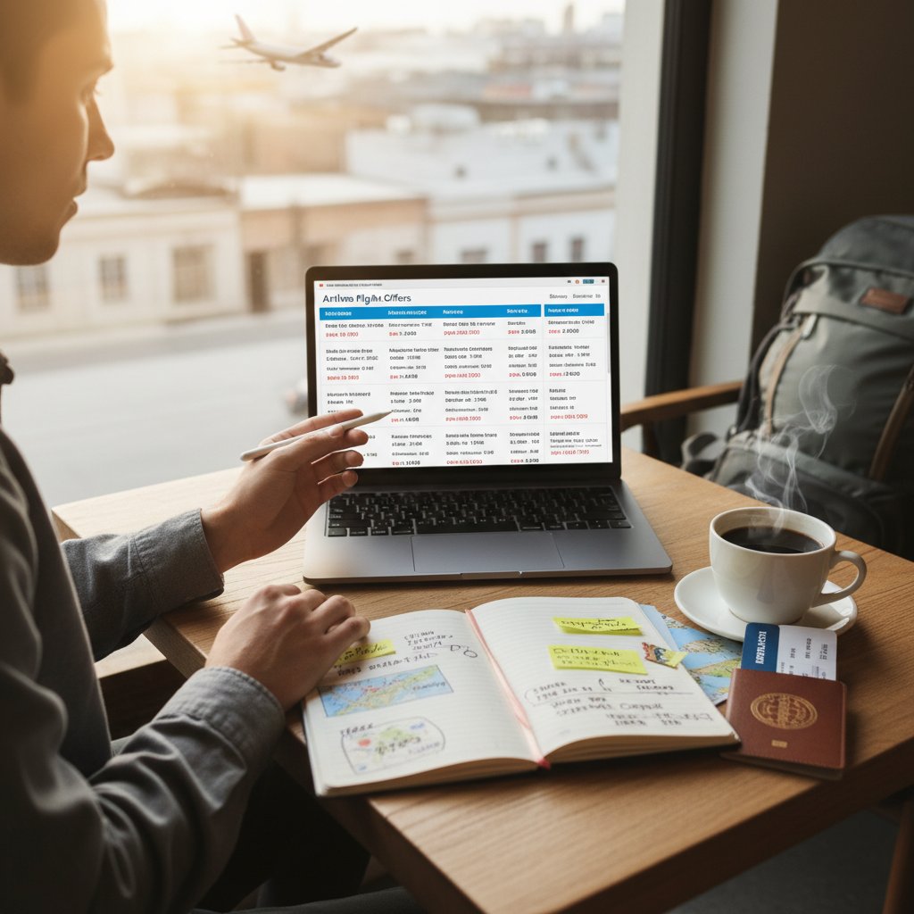 Skrupulatny podróżnik analizujący oferty lotów na laptopie, z notatkami i kawą