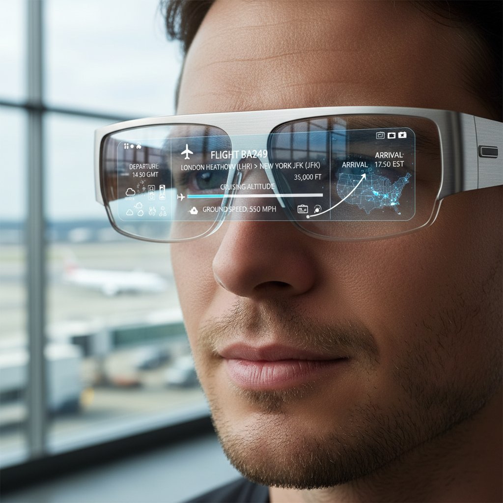 Podróżny z okularami AR, w których wyświetlane są dane o odlotach w czasie rzeczywistym, futurystyczne otoczenie