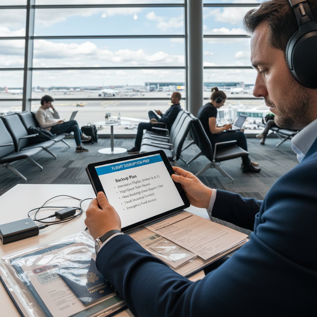 Cautious passenger preparing for potential flight disruptions