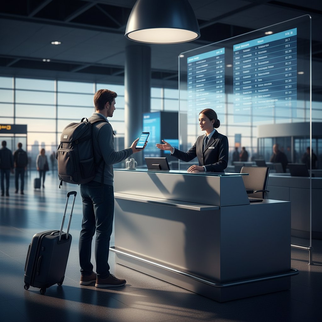 Split-screen photo: traveler booking on mobile, at agency, and at airport counter, candid, modern, high contrast