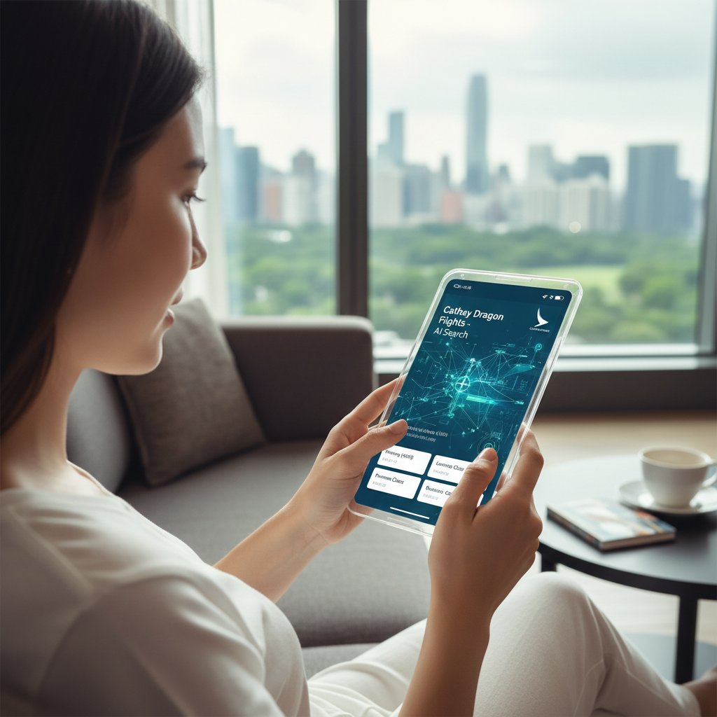 Traveler booking flights with AI flight search on mobile in 2025, editorial photo showing tech takeover and cathay dragon flights aftermath