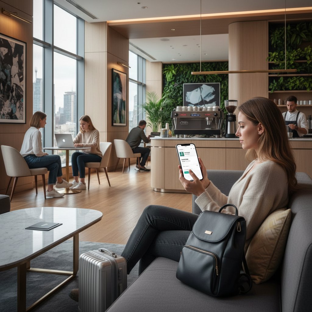 Traveler booking Mercure room via phone in hotel lounge, clean tech-lifestyle scene