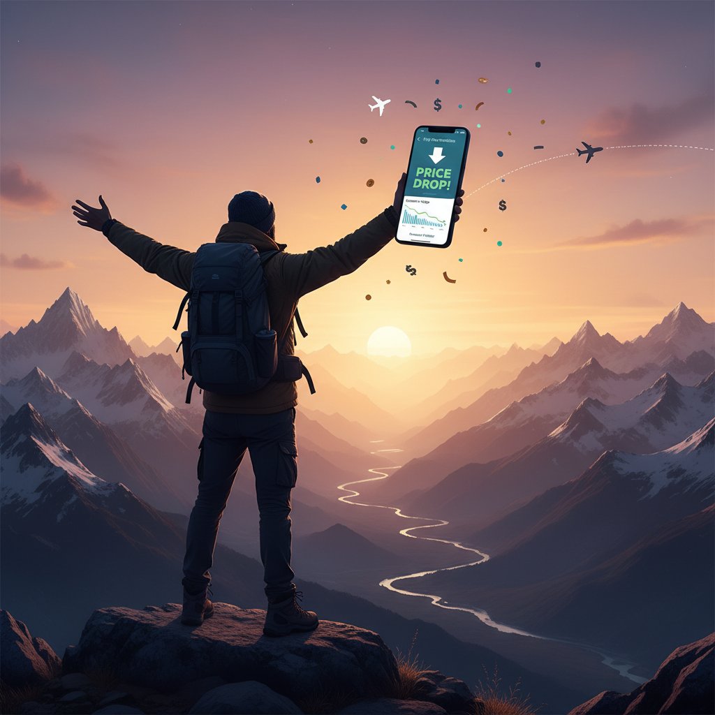 Traveler celebrating after saving money on airfare with a flight price prediction app