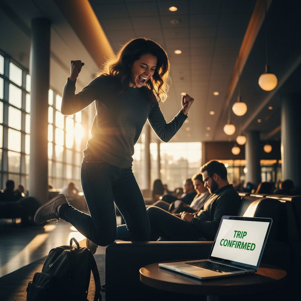Traveler celebrating a cheap flight deal at airport lounge, AI flight search success, dopamine rush