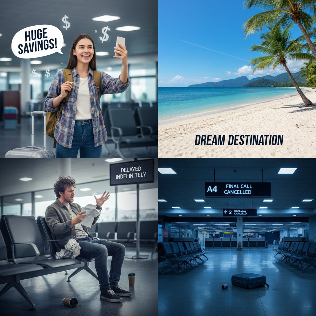 Traveler celebrating savings at destination vs. frustrated traveler stranded at gate, side-by-side, 16:9