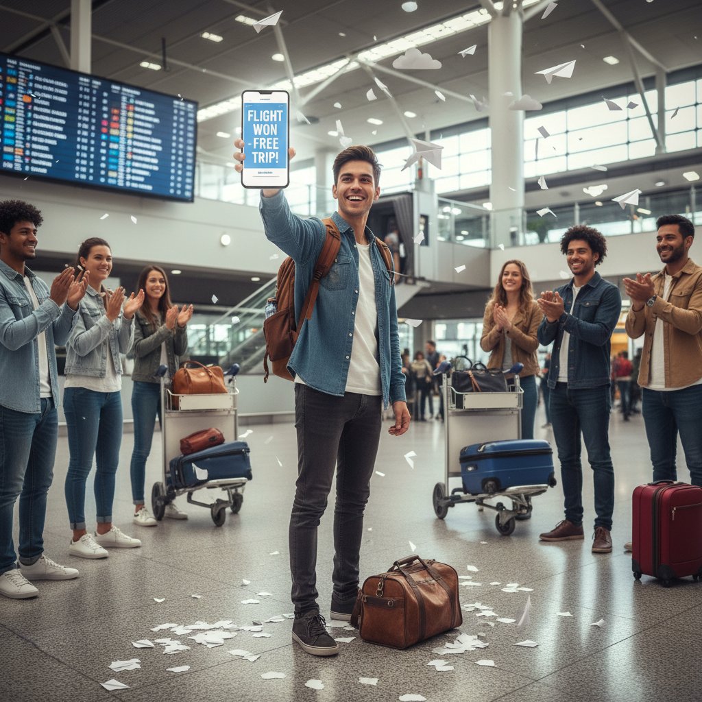 Smiling traveler holding up phone with confirmed cheap flight booking at airport, celebrating win
