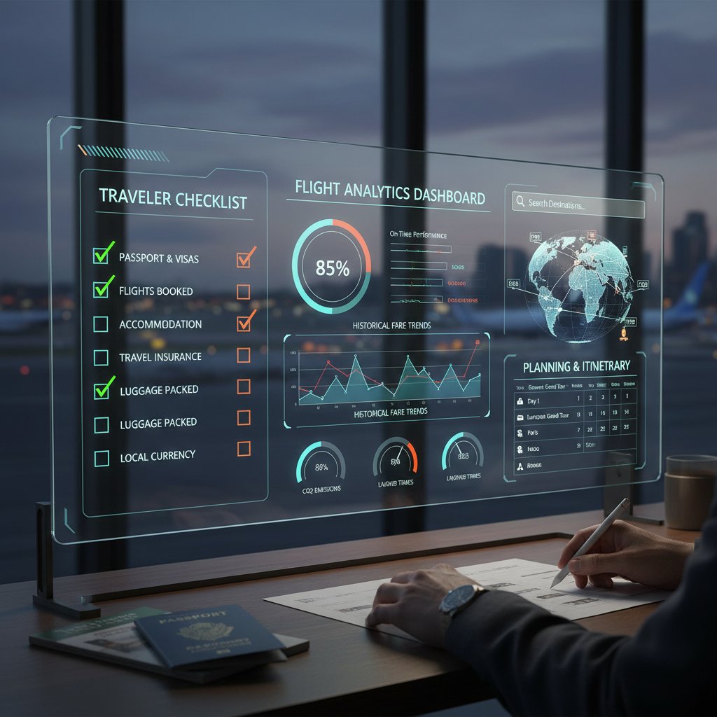 Photo of a traveler with a printed checklist and a digital dashboard open on their tablet, planning a flight booking