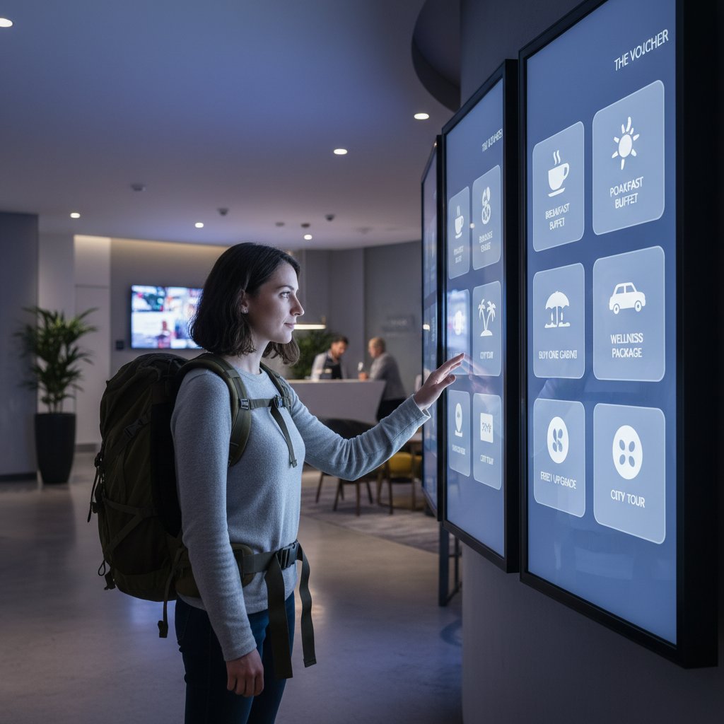 Podróżny wybierający spośród cyfrowych voucherów, na tle hotelowych ekranów