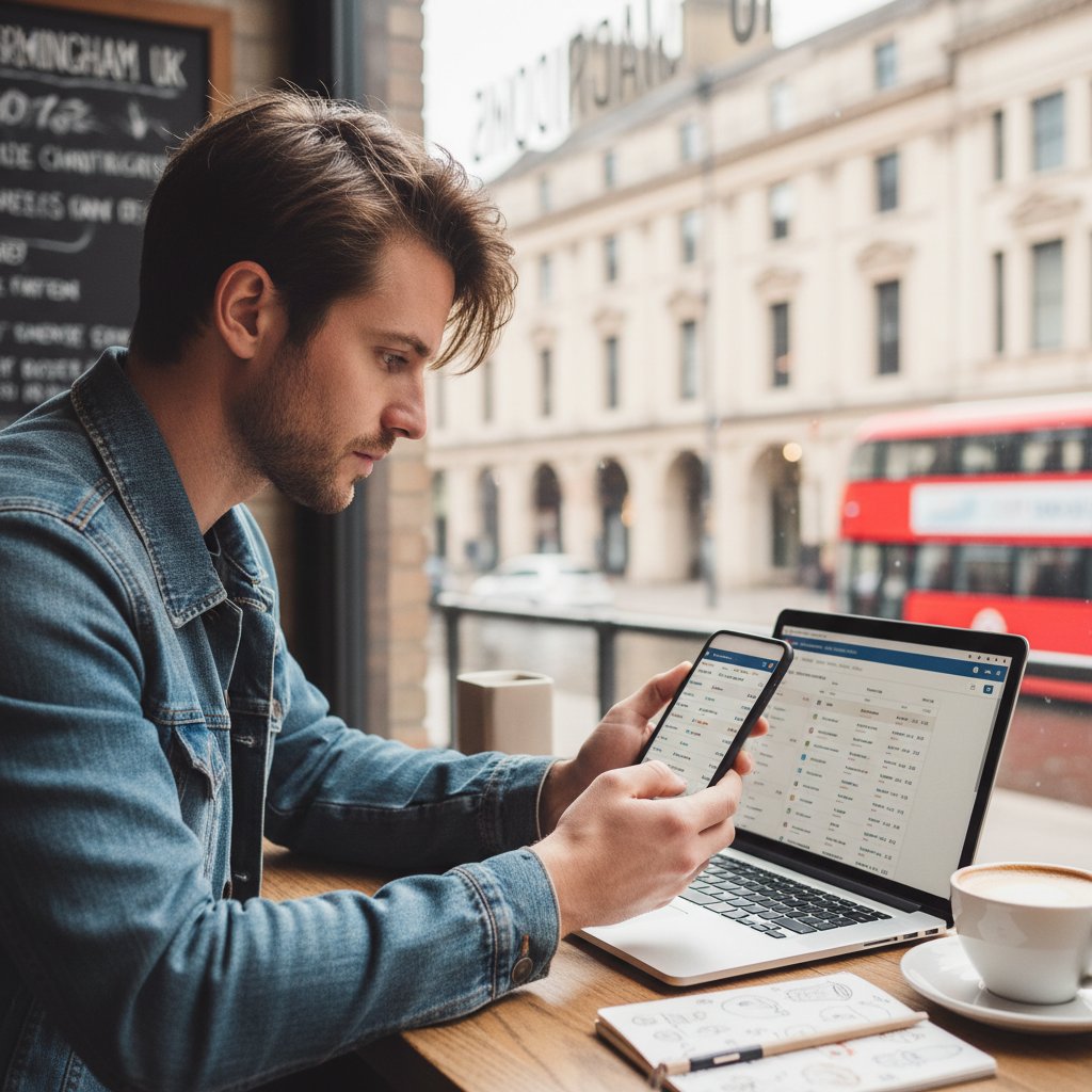 Traveler comparing Birmingham UK flight prices on smartphone and laptop