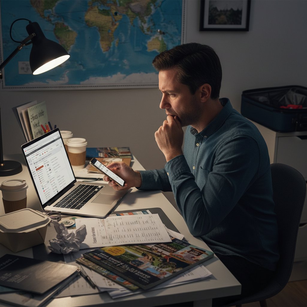 Traveler comparing sri lankan airlines fares on mobile and laptop, anxious, home office, strong shadow