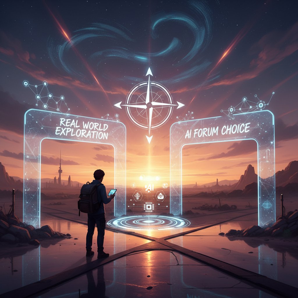 Traveler at a crossroads—choosing between digital AI path and analog forum path, at sunset with dramatic lighting