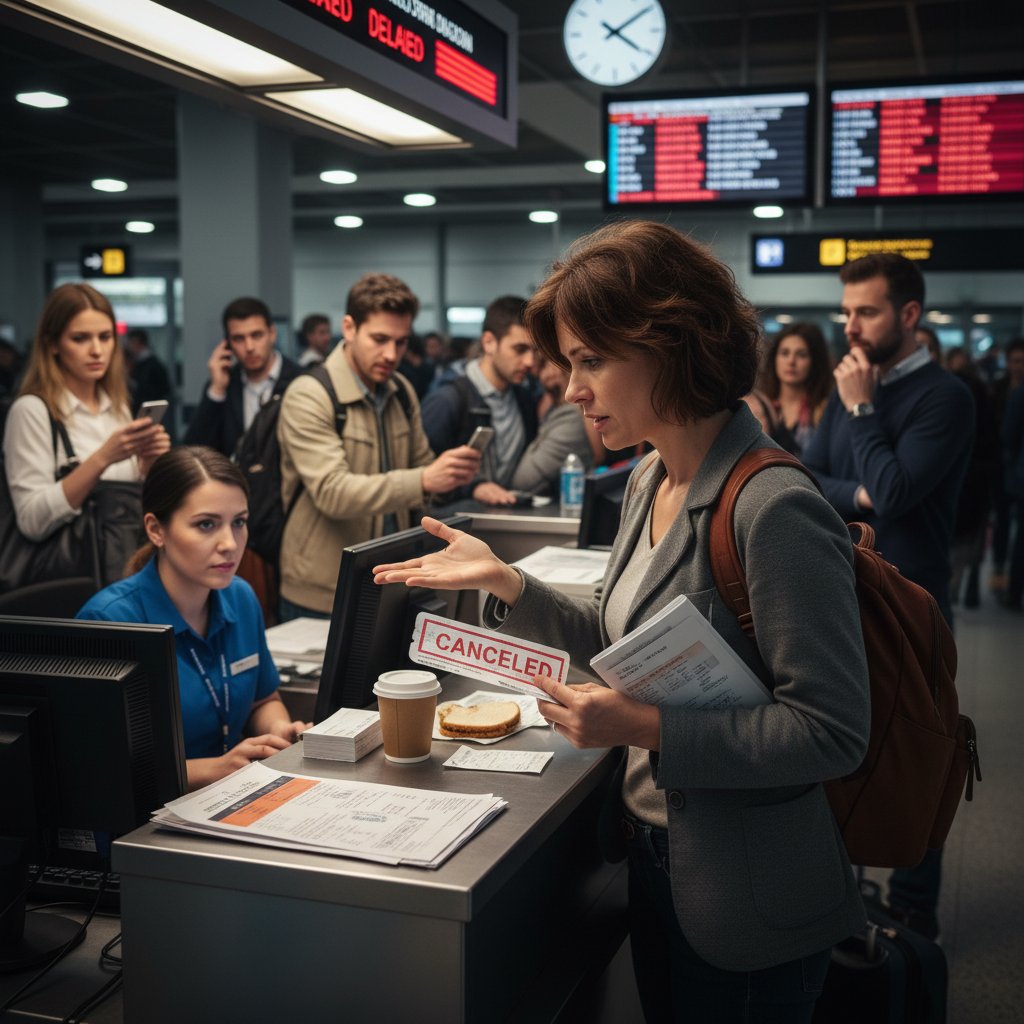 Traveler on phone with customer service, surrounded by paperwork and a canceled boarding pass, tense mood