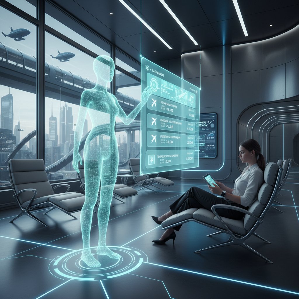 Traveler guided by digital assistant hologram reviewing personalized flight options in a high-tech airport lounge