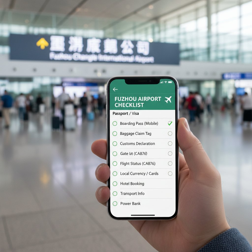 Traveler at Fuzhou airport using digital checklist, preparing for departure