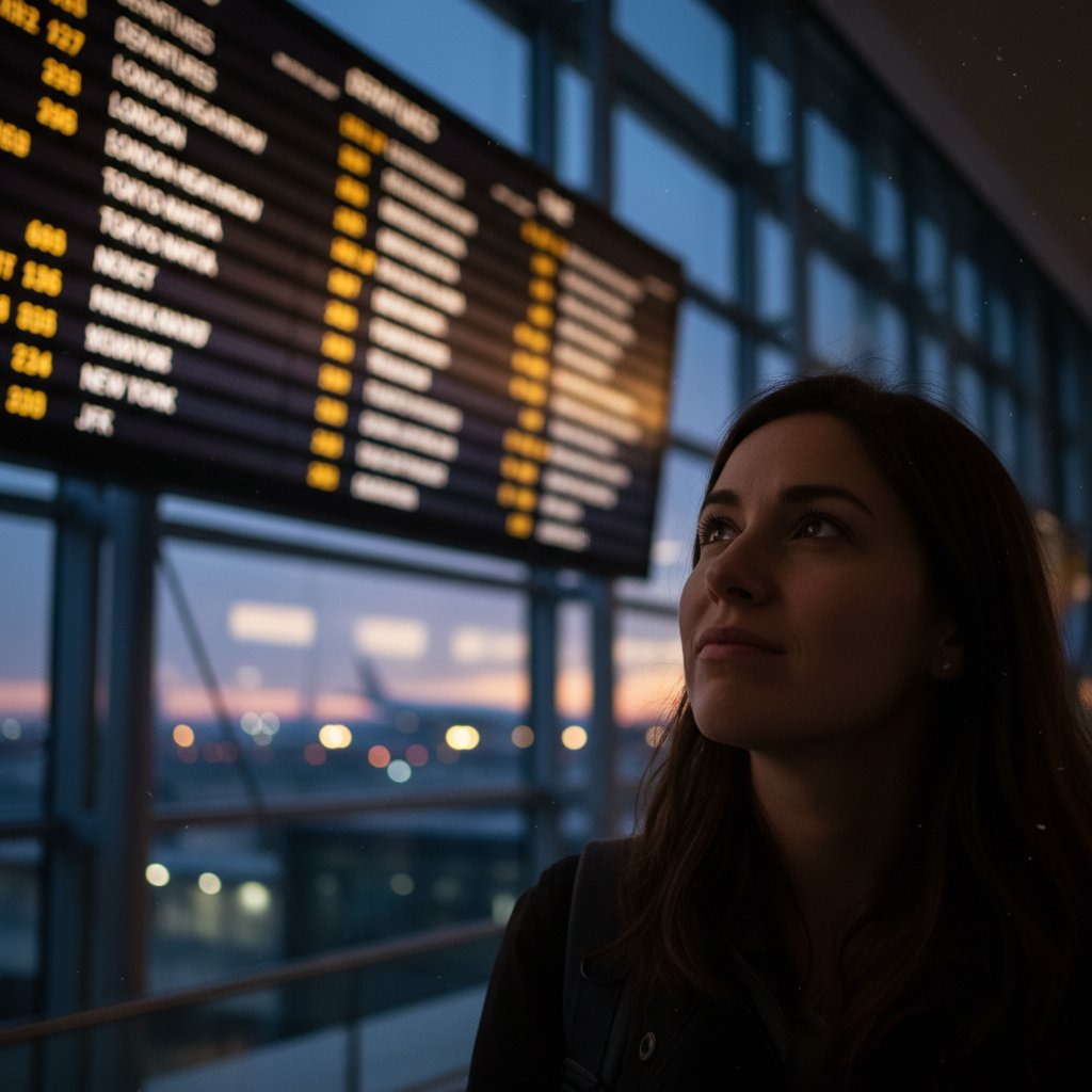 Podróżny zapatrzony w tablicę odlotów na lotnisku, wieczorna atmosfera, światło odbite od ekranu, w tle nerwowa grupa ludzi