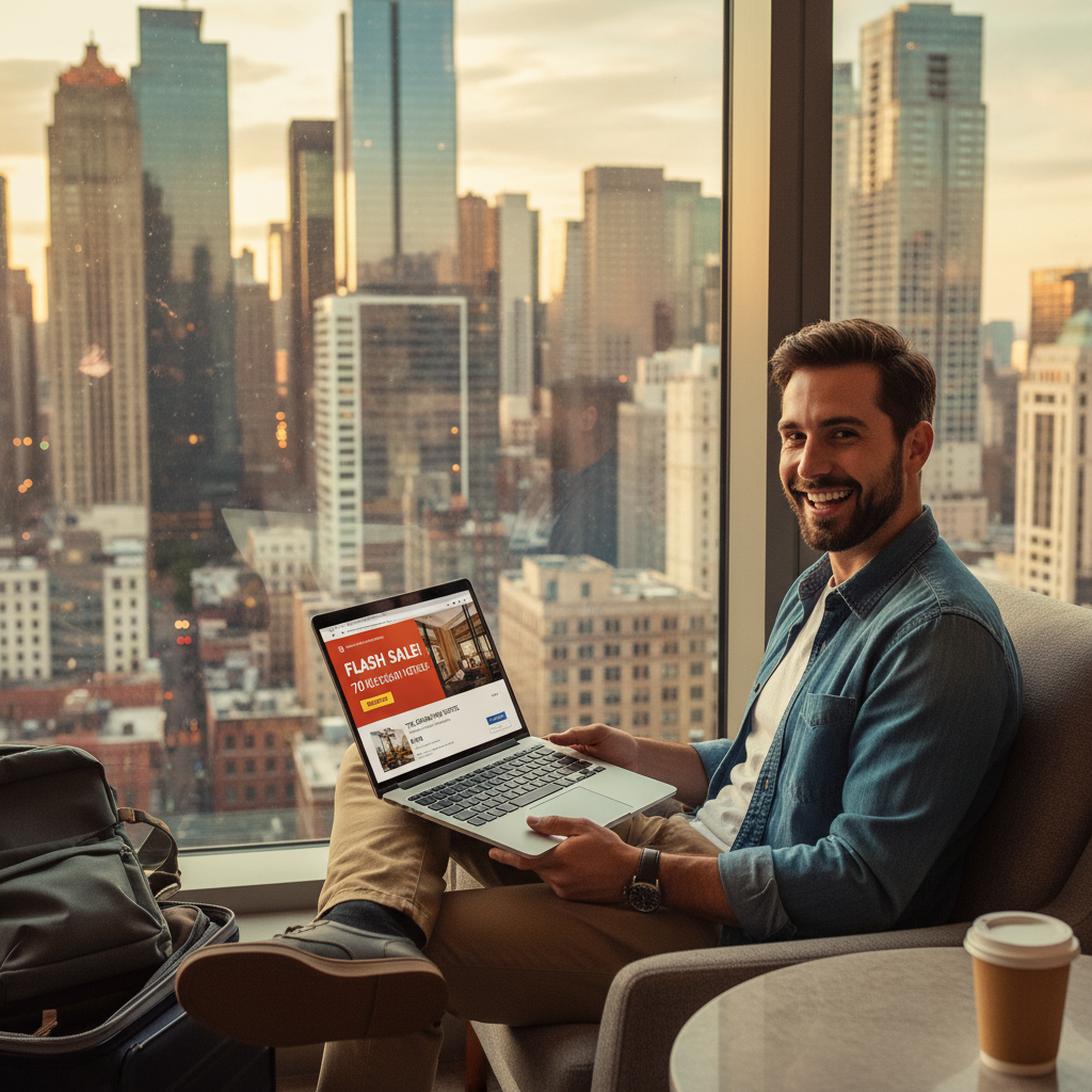 Traveler excited after booking a discount hotel online, city skyline at night