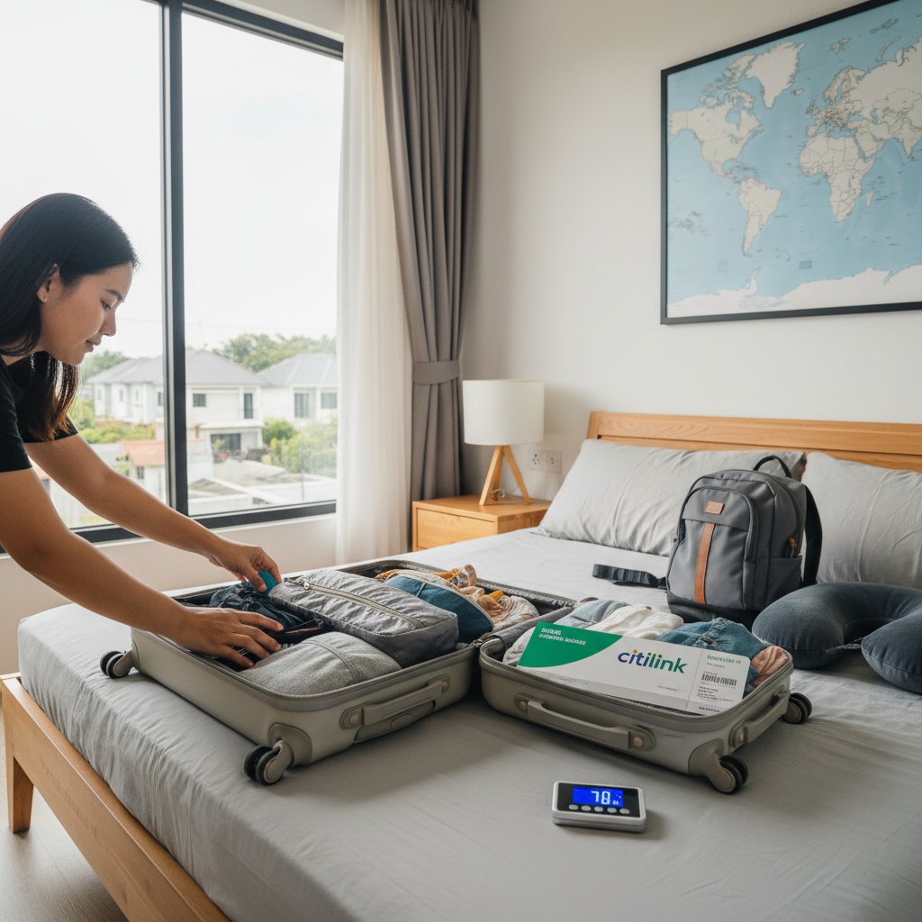 Traveler packing efficiently for Citilink flight, placing bag on scale at home