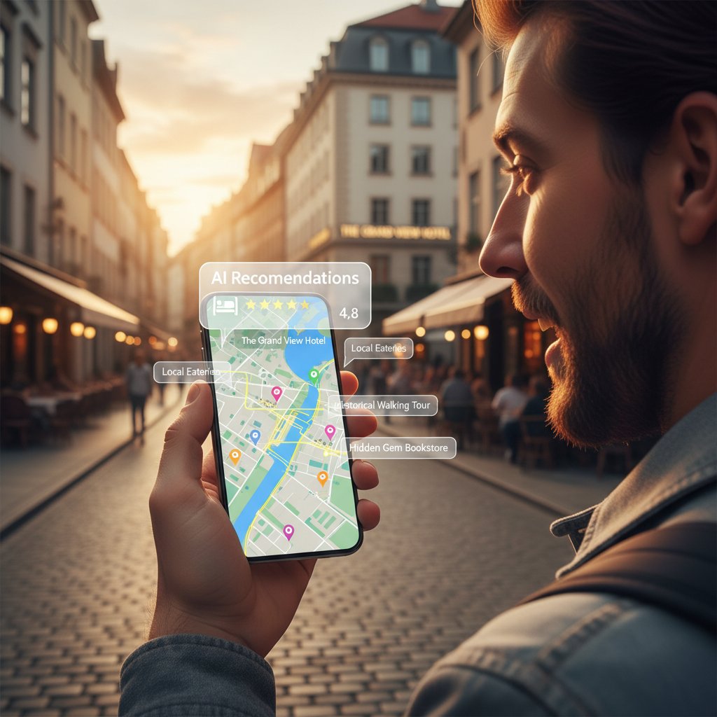 Editorial photo of a traveler using a phone for AI recommendations, city hotel in the background, central hotels