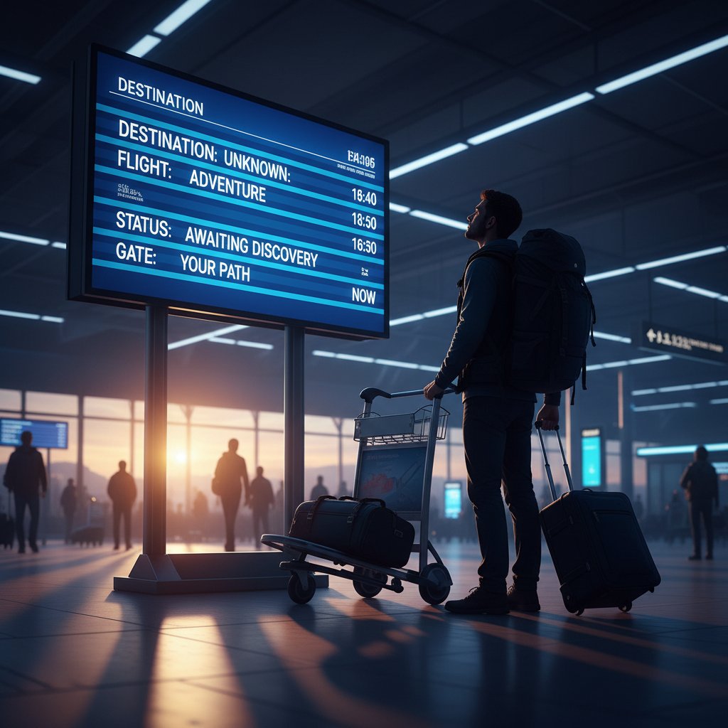 Inspiring photo of a traveler silhouetted against a digital departure board, conveying hope and digital mastery in app check in