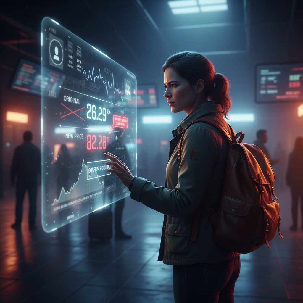 Traveler with skeptical expression facing a screen of changing prices, dramatic lighting, personalized flight booking