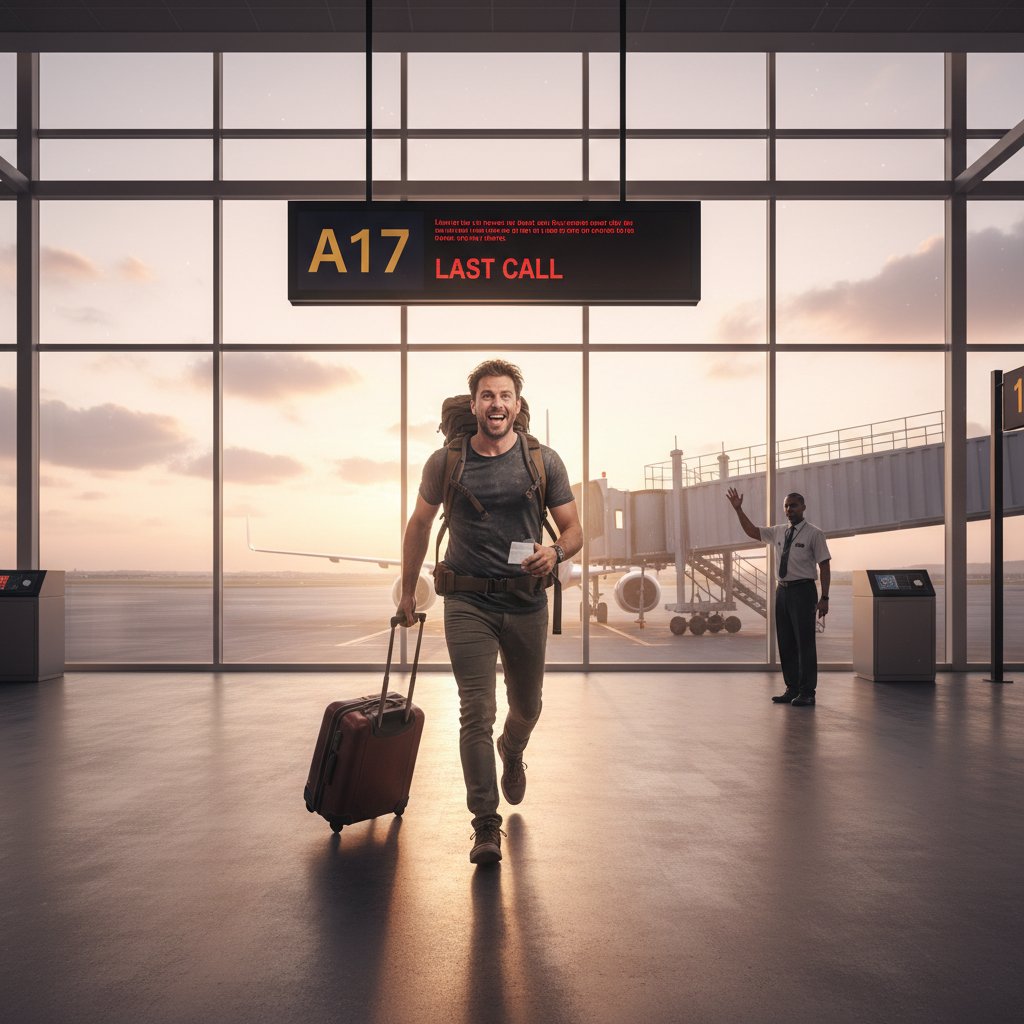Traveler racing through airport at dawn, boarding pass in hand, exhausted but triumphant after late booking success