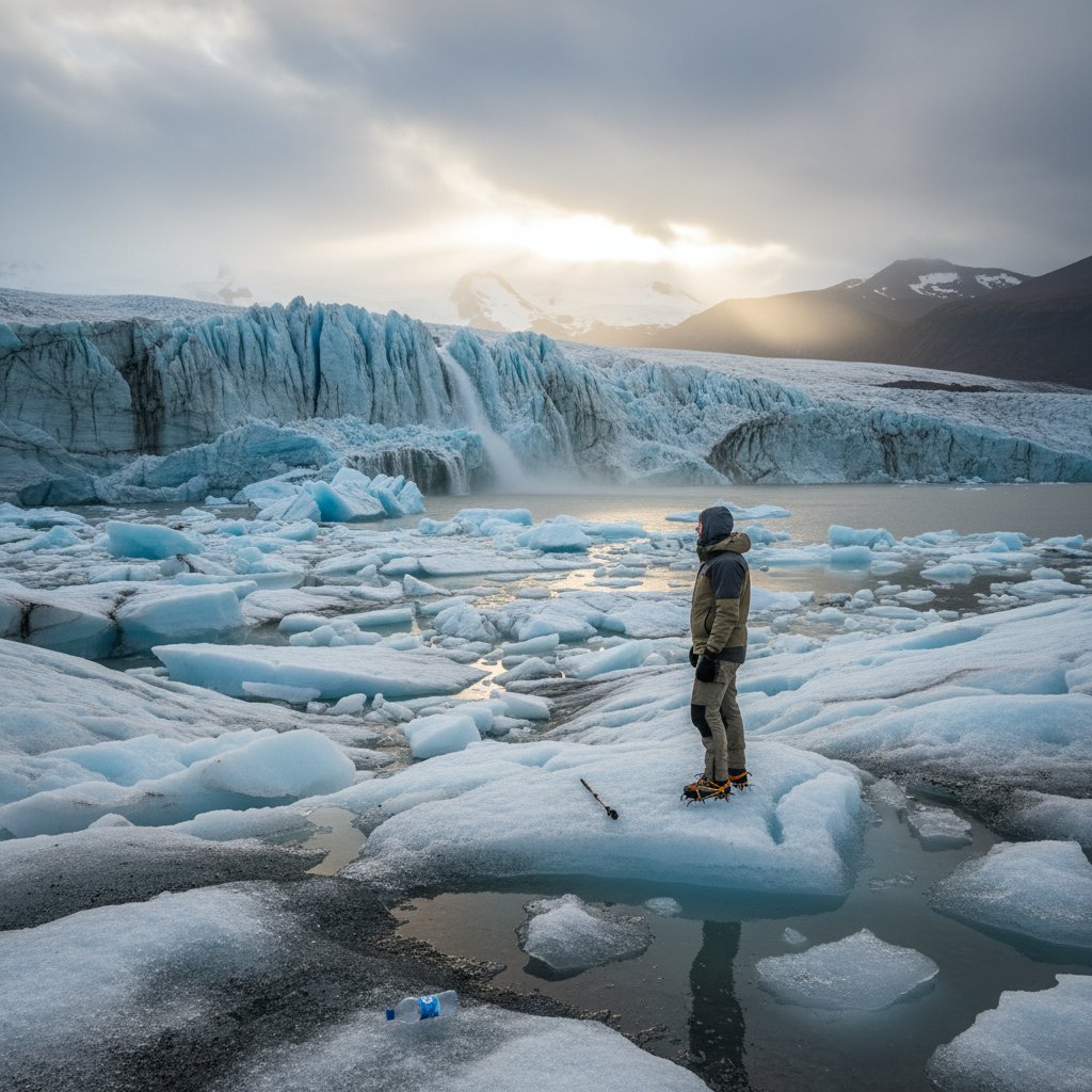 Traveler standing in front of a rapidly melting glacier, symbolizing climate impacts on adventure destinations
