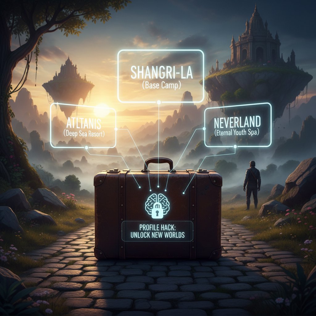 Traveler with suitcase choosing from unusual travel options, SEO alt text: traveler selecting unconventional destinations after hacking travel profile