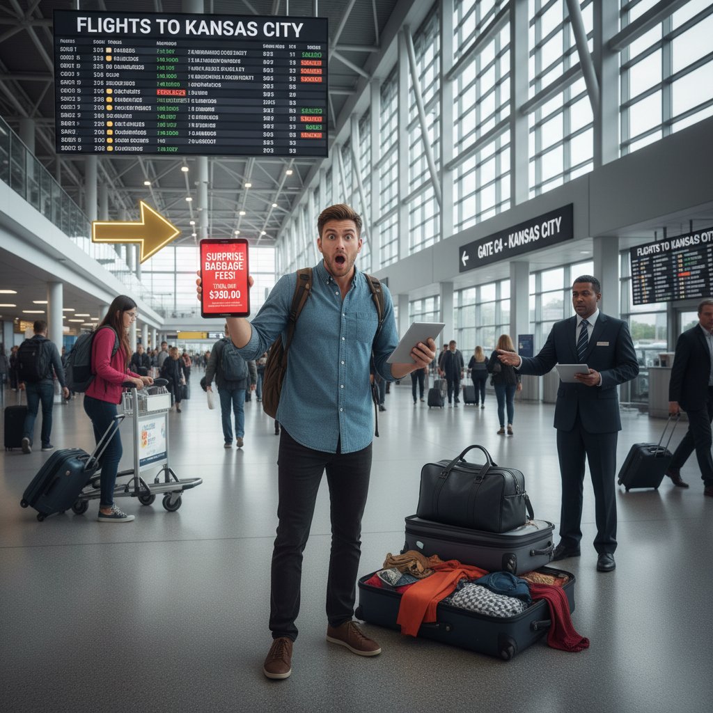 Traveler surprised by hidden airline fees looking at a laptop in an airport terminal, flights to kansas city