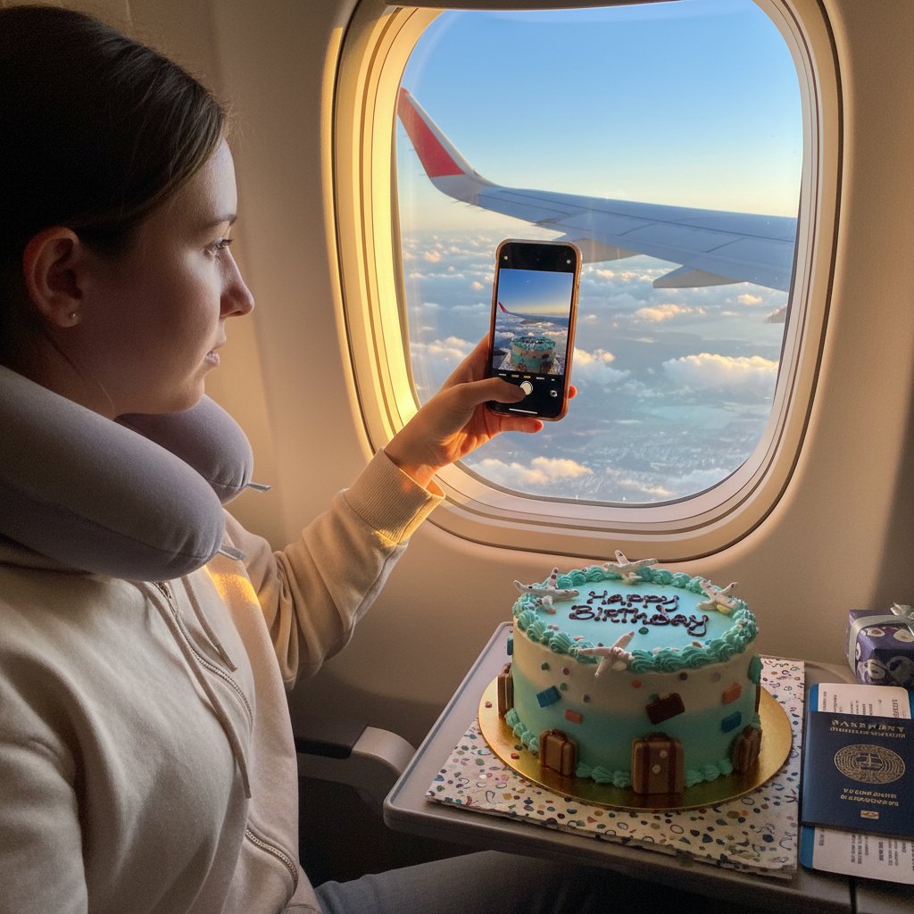 Traveler taking photo with birthday cake, airplane window, bright, lifestyle, birthday trip flights, vivid colors, 16:9