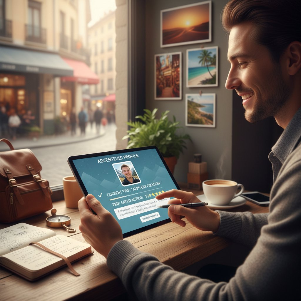 Traveler updating profile settings post-trip, satisfied expression, SEO alt text: traveler updating travel profile after trip, travel customization satisfaction