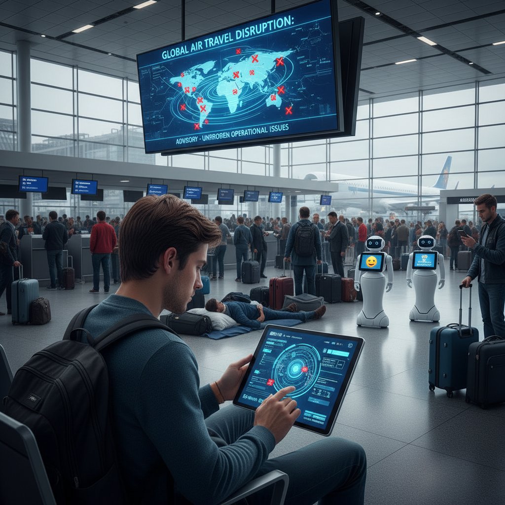 Traveler using AI flight search platform on laptop at airport during disruption