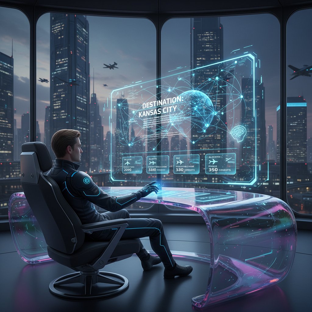 Traveler using AI-powered flight search tool, futuristic interface, flights to kansas city