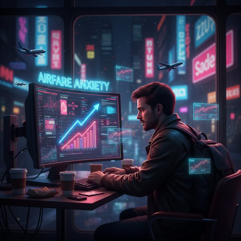 Traveler anxiously watching flight prices at night, neon glow, tense mood, flight cost tracking