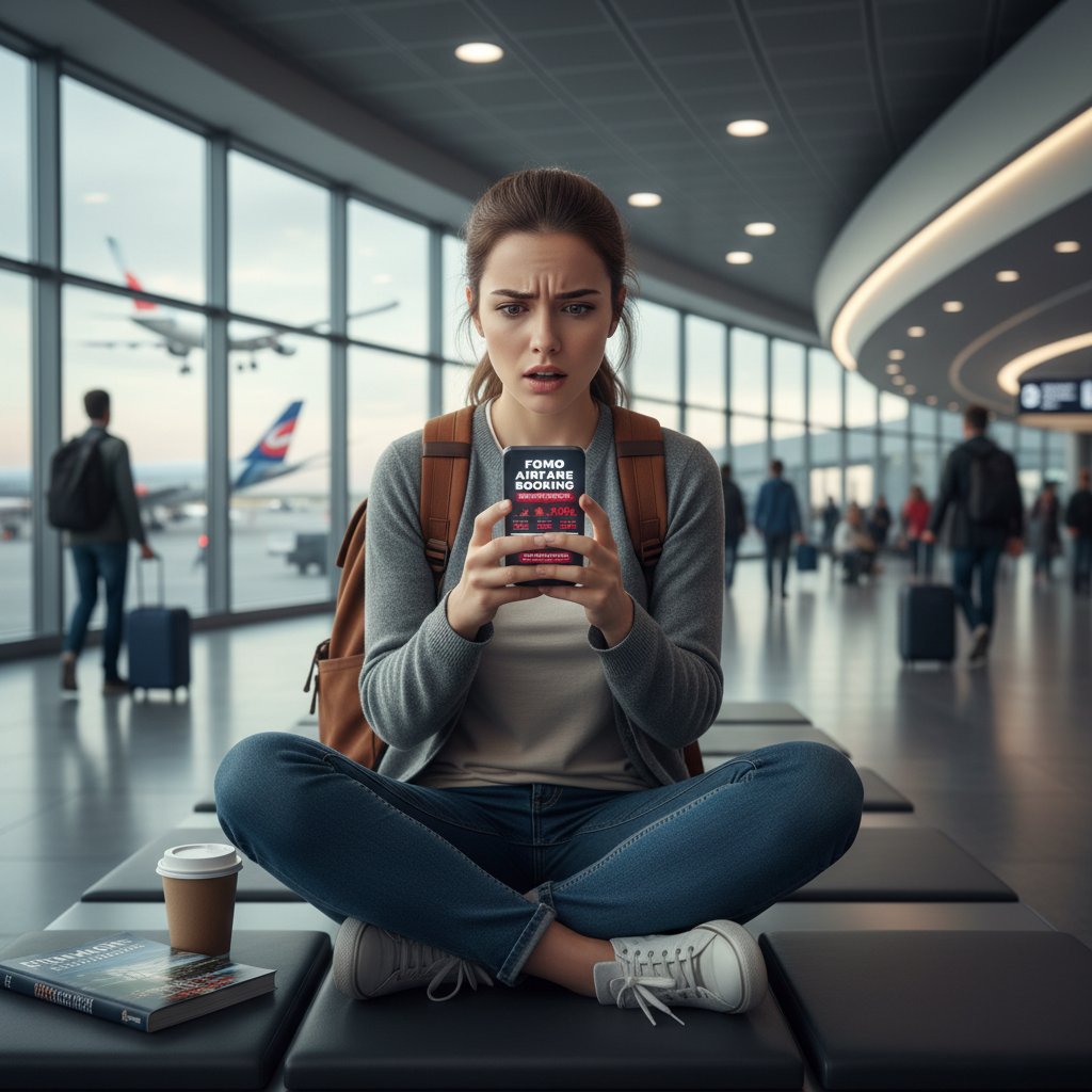 Traveler anxiously watching flight prices on phone, psychological FOMO in airfare booking, airport background