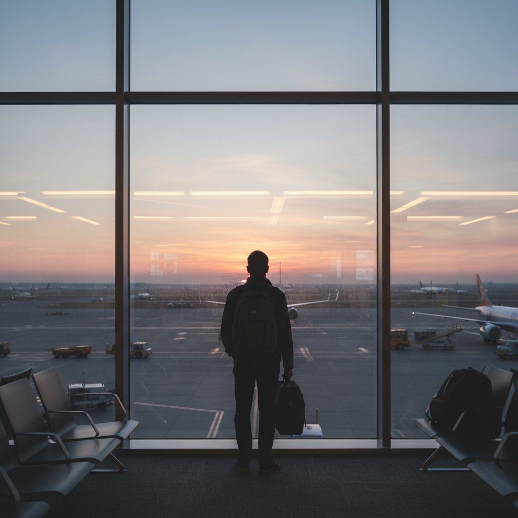 Podróżnik patrzący przez okno na świt nad pasem startowym, słowa kluczowe: przemyślenia, lotnisko, przesiadka