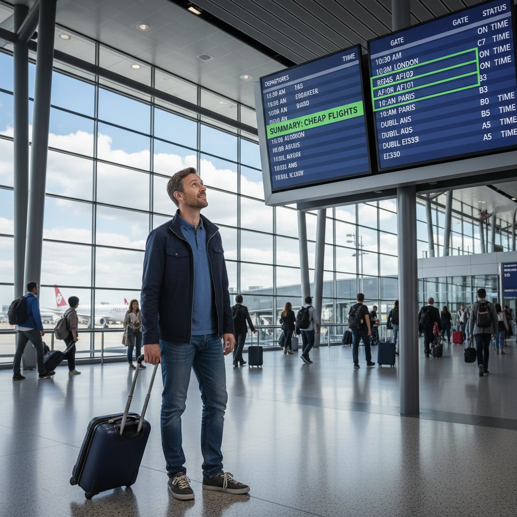 Podróżnik z walizką na tle tablicy odlotów, światło neonów, słowa kluczowe: podsumowanie, strategie, tanie loty