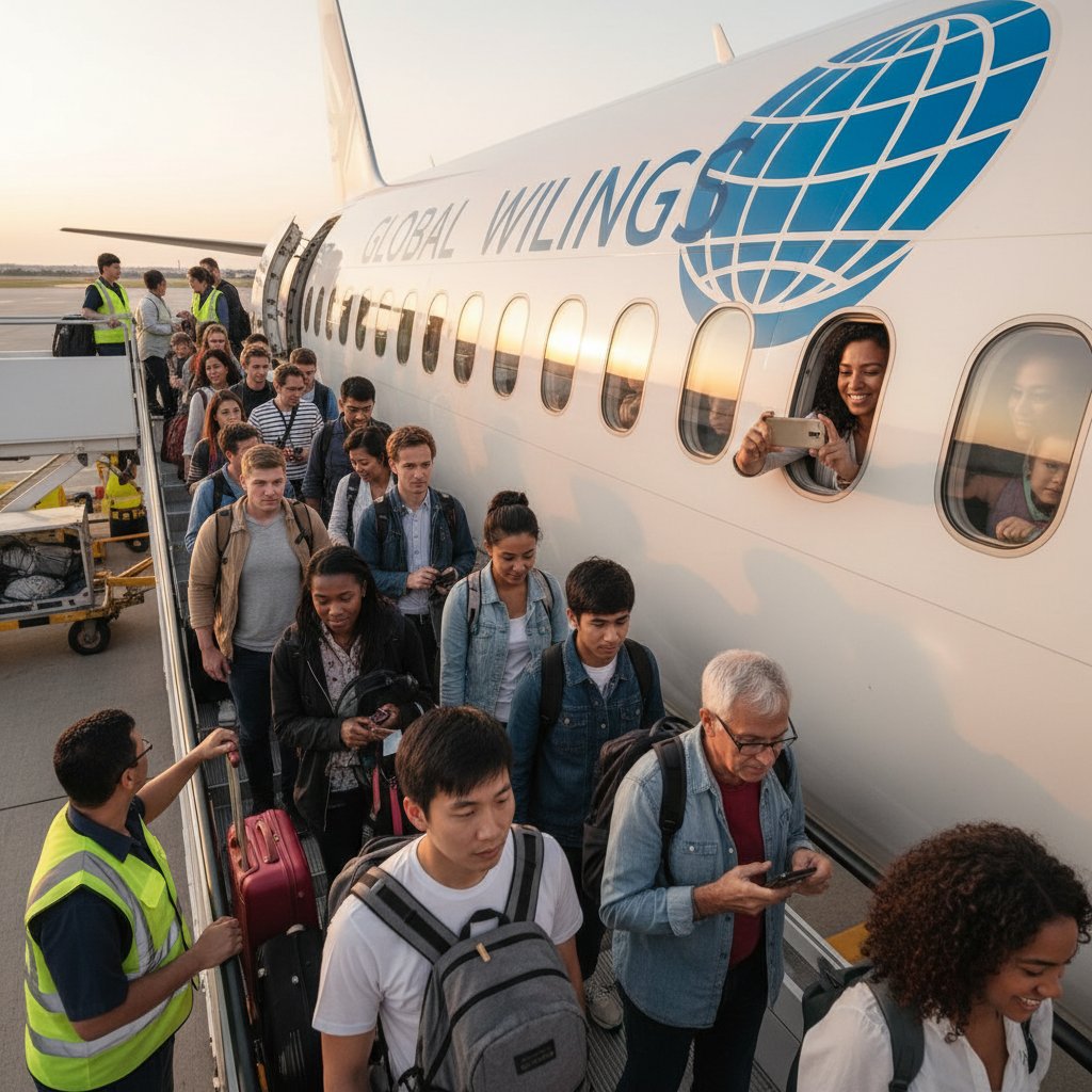 Overhead shot of diverse travelers boarding a plane, each with their own window seat story