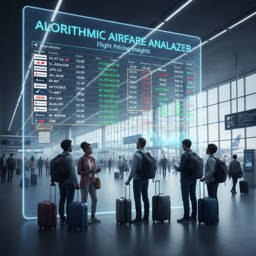 Travelers watching a digital departures board switching rapidly, symbolizing flight pricing insights and algorithmic airfare changes