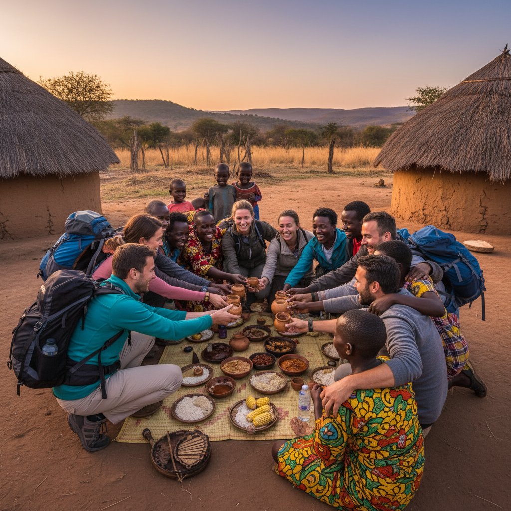 Lifestyle photo of travelers being greeted by locals, sharing a meal in a Zimbabwean village, showing warm hospitality