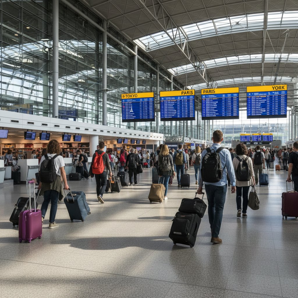 Travelers at global airports carrying a range of baggage sizes, from minimalist to overloaded