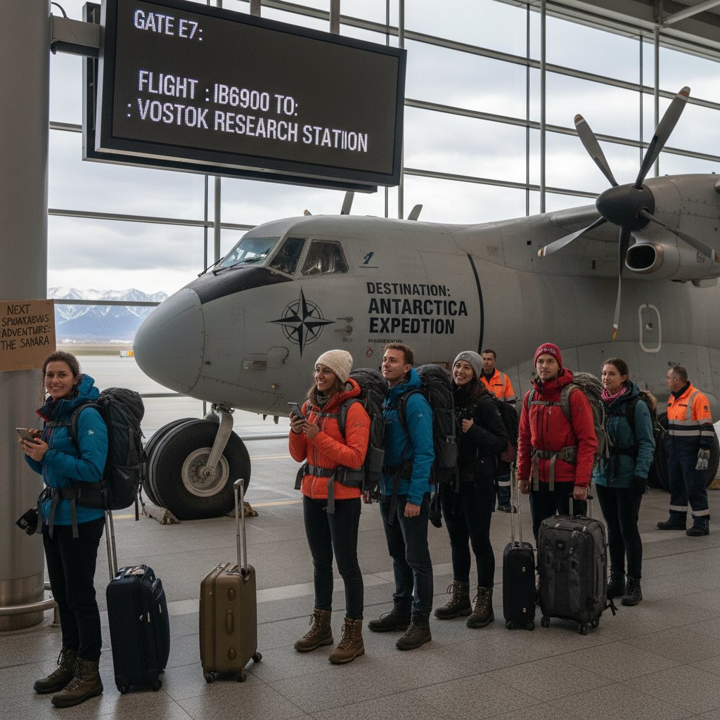 Documentary photo of candid travelers boarding a flight at Madrid airport for an unusual, off-the-beaten-path destination; mood is adventurous, spontaneous, and global
