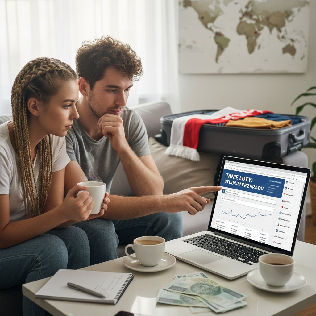Podróżnicy sprawdzający ceny biletów w domu, analiza ofert, słowa kluczowe: case study, tanie loty, polscy podróżnicy