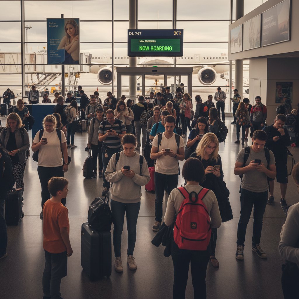 Podróżni sprawdzają telefony przy wejściu do samolotu, kontrola dokumentów, słowa kluczowe: przygotowanie do podróży