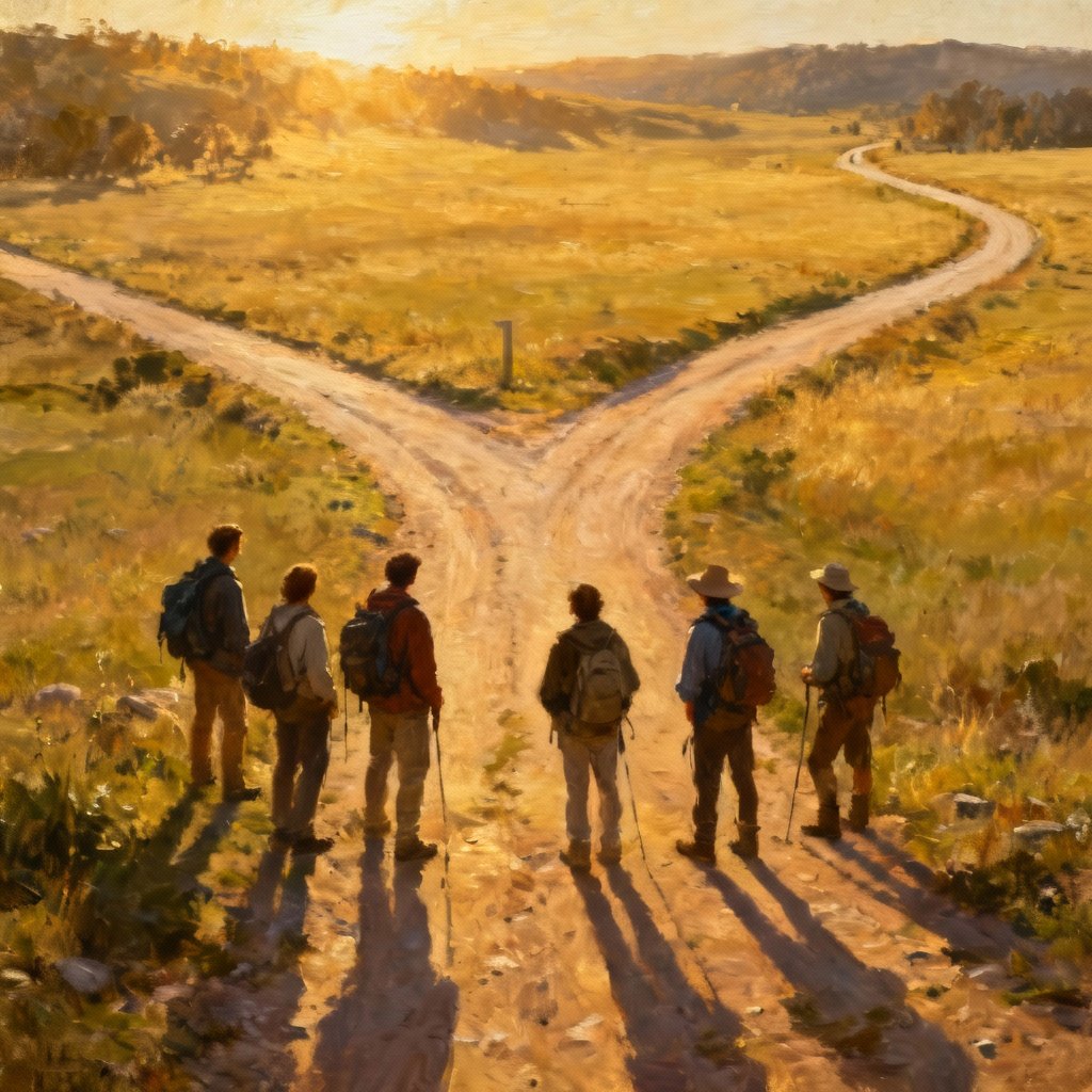 Ilustracja podróżników na rozdrożu, wizualizacja różnych ścieżek wyboru lotu